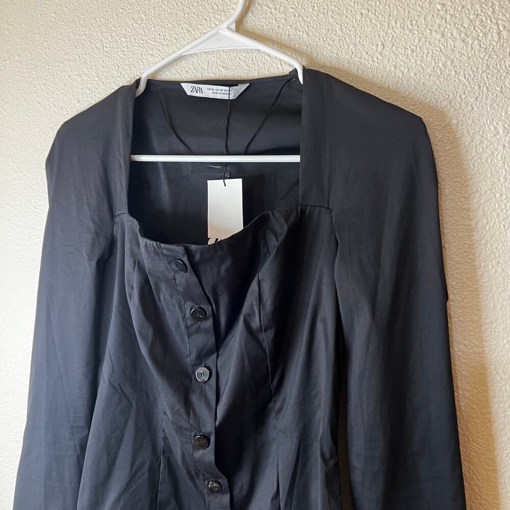 Zara Black poplin square neckline long sleeve button down shirt blouse NEW XS - Picture 3 of 7